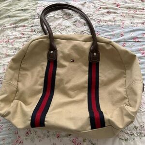 Tommy Hilfiger Beige Duffel Bag with Red and Black Stripes
